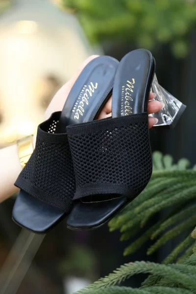 Akva Siyah Triko Şeffaf Topuklu Terlik Akva Siyah Triko Şeffaf Topuklu Terlik