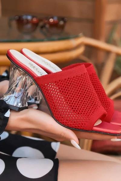 Akva Kırmızı Triko Şeffaf Topuklu Terlik Akva Kırmızı Triko Şeffaf Topuklu Terlik