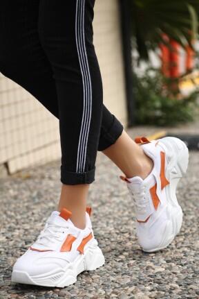 Dica Beyaz Cilt Turuncu Detaylı Bağcıklı Spor Ayakkabı