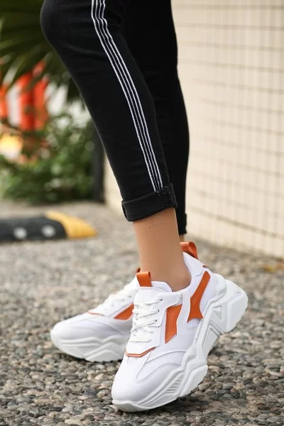 Dica Beyaz Cilt Turuncu Detaylı Bağcıklı Spor Ayakkabı Dica Beyaz Cilt Turuncu Detaylı Bağcıklı Spor Ayakkabı