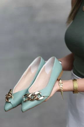 Popi Mint Yeşili Cilt Zincirli Babet Ayakkabı