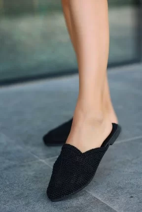 Osse Siyah Örgülü Terlik