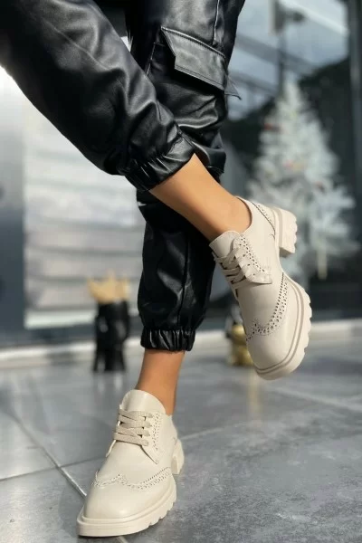 Soer Bej Cilt Bağcıklı Oxford Ayakkabı