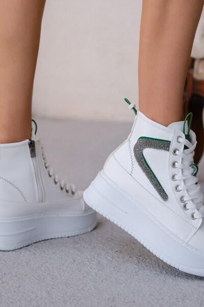 Pone Beyaz Cilt Yeşil Detaylı Bağcıklı Bot Pone Beyaz Cilt Yeşil Detaylı Bağcıklı Bot