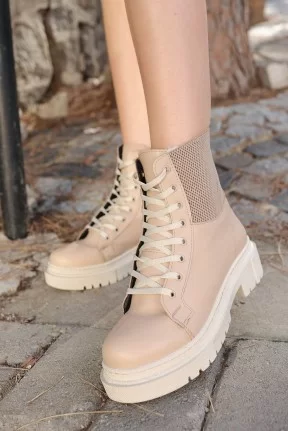 Beery Krem Cilt Bağcıklı Bot Beery Krem Cilt Bağcıklı Bot