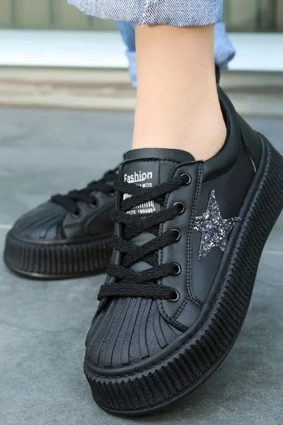 Piata Siyah Cilt Bağcıklı Spor Ayakkabı