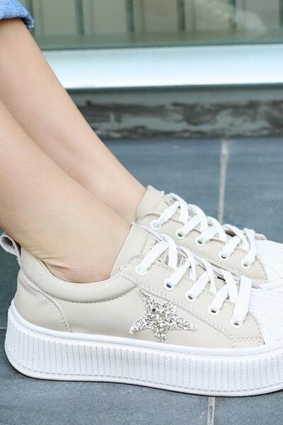 Piata Bej Cilt Bağcıklı Spor Ayakkabı Piata Bej Cilt Bağcıklı Spor Ayakkabı