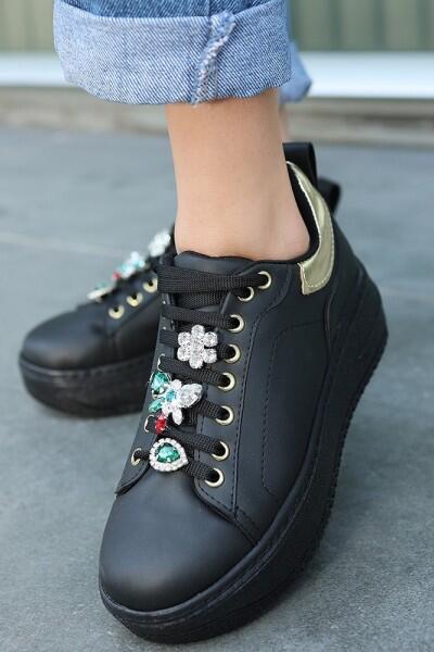 Tenya Siyah Cilt Taşlı Bağcıklı Spor Ayakkabı Tenya Siyah Cilt Taşlı Bağcıklı Spor Ayakkabı