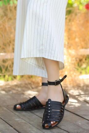 Motali Siyah Deri Siyah Tabanlı Sandalet Motali Siyah Deri Siyah Tabanlı Sandalet