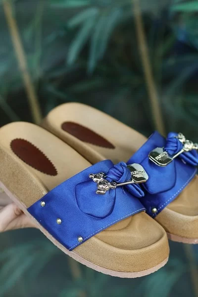 Jude Saks Mavisi Saten Ayıcıklı Terlik