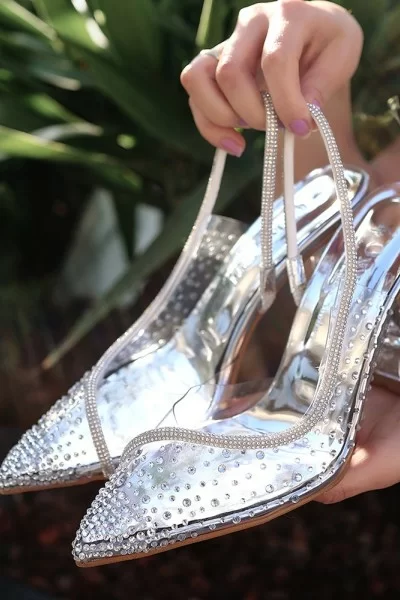 Else Gümüş Şeffaf Boncuk İşlemeli Topuklu Ayakkabı