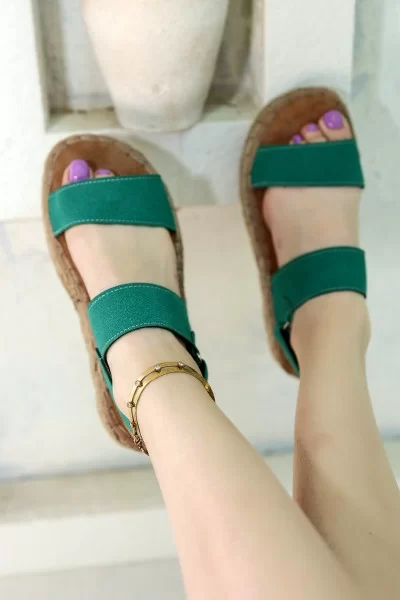 Wery Turkuaz Deri Cırt Cırtlı Sandalet