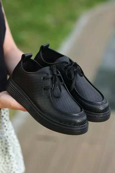 Olse Siyah Cilt Bağcıklı Spor Ayakkabı