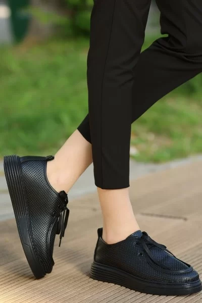 Olse Siyah Cilt Bağcıklı Spor Ayakkabı