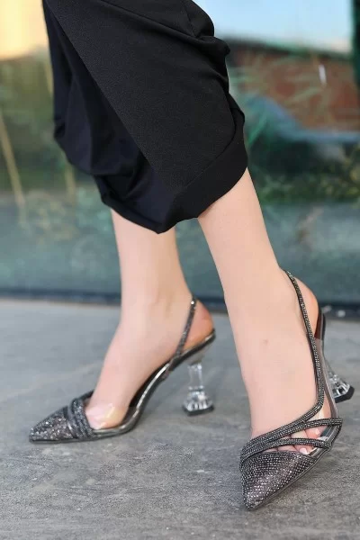 Teen Platin Şeffaf Boncuk İşlemeli Topuklu Ayakkabı