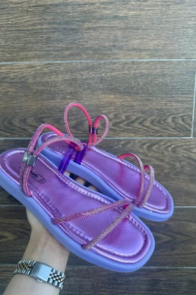 Nadda Lila Cilt Boncuk İşlemeli Sandalet