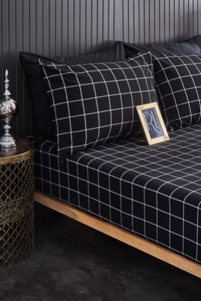 Ricco LifesSiyah Ekoseli Çift Kişilik Lastikli Çarşaf 2 Yastık Kılıfı 160x200