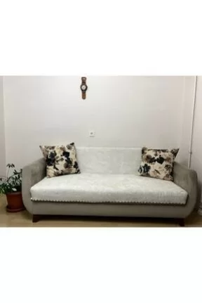 KÜÇÜKSOYBeyaz Kadifemsi Kumaş Gofre Desen Kaymaz Süngerli Çekyat-koltuk Örtüsü