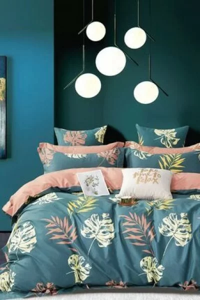 İQONLastikli Çarşaflı Nevresim Takımı Çift Kişilik Leaf Petrol